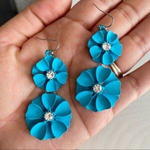 Silver Shepherds crook earrings dangle blue flowers diamonds AA9